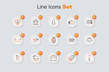 Set line Chisel tool, Wooden beam, Toolbox, Electric circular saw, Metallic nails, Tree stump, log and rings icon. Vector