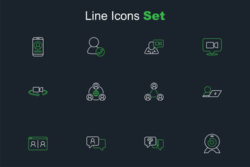 Set line Web camera, Question and Answer, Speech bubble chat, Video conference, Meeting, and 360 degree view icon. Vector