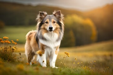 Shetland Sheepdog standing in meadow, autumn