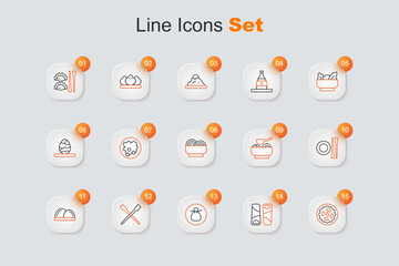 Set line Homemade pie, Guotie, Wonton, Food chopsticks, Sushi, with plate, Ramen soup bowl and Asian noodles in icon. Vector