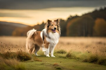 border collie dog in fields in the evening