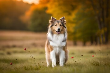 sitting border collie dog  with sunrise in background