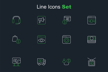 Set line Advertising, Human and money, truck, Stacks paper cash, Browser setting, Personal information collection and shopping bag dollar icon. Vector