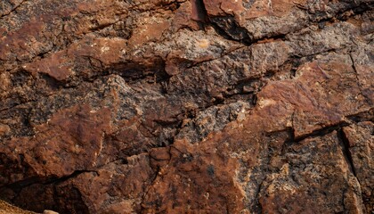 Dark red orange brown rock texture with cracks. Close-up. Rough mountain surface texture, wall, stone, rock, old, abstract.