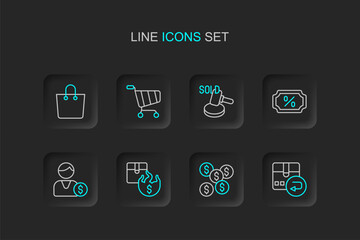 Set line Return cardboard box, Dollar symbol, Hot price, Buyer, Discount percent tag, Auction hammer, Shopping cart and Paper shopping bag icon. Vector
