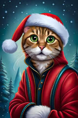 Fairytale cat with Christmas hat in snow covered forest