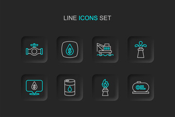 Fototapeta premium Set line Oil tank storage, rig with fire, Barrel oil, drop dollar symbol, platform in the sea, and pipe valve icon. Vector