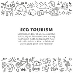 Poster with doodle outline eco tourism icons.