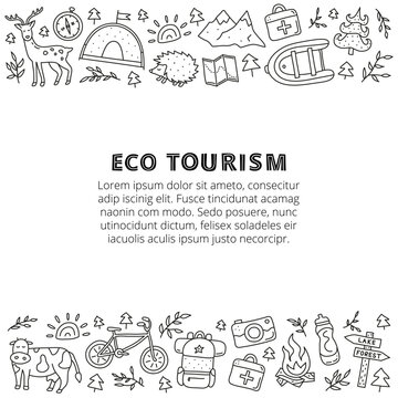 Poster with doodle outline eco tourism icons.