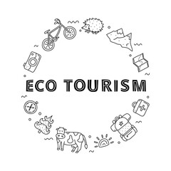 Doodle outline eco tourism icons in circle.