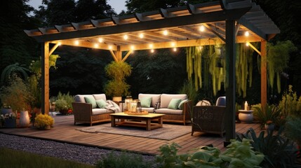 Fototapeta premium A pergola surrounded by greenery, gravel on the ground, simple patio furniture, string lights, night. Generative AI
