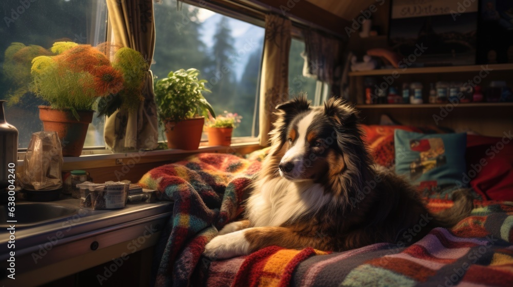 Poster A dog laying on a bed in front of a window in camper