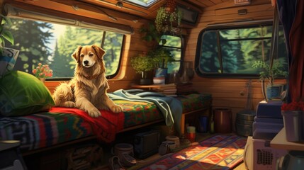 A dog sitting on a bed in camper