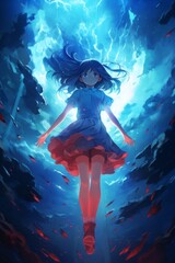 Obraz na płótnie Canvas Anime girl controlling lightning, witch flying in the storm. Generative AI 