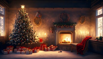 interior Christmas. magic glowing tree, fireplace, gifts.
