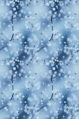 Beautiful ball frosting on a plant. Blue winter macro seamless background. AI-generated illustration
