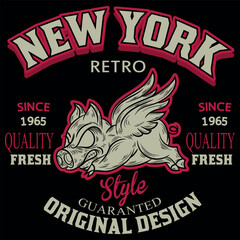 Illustration bike motorcycle with ping and wings, Since 1965 and Patchwork emblem crest text New York retro Original Design Fresh. tattoo style