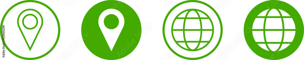 Poster set of green and white round world globe earth web map and location pointer pin or you are here mark