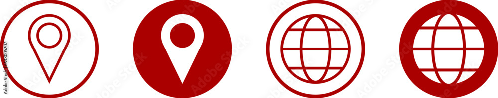 Poster set of red and white round world globe earth web map and location pointer pin or you are here marker