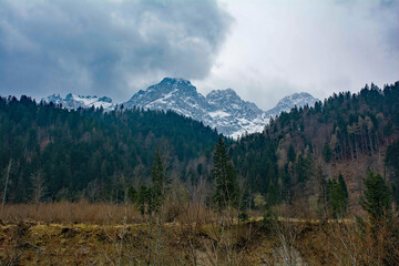 The early spring landscape around the village of Forni Avoltri in Val Degano valley in Carnia,...