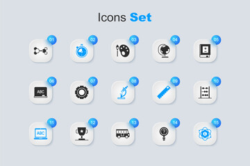 Set Unknown search, Gear, Stopwatch, Laptop, Atom, Abacus, Molecule and Microscope icon. Vector