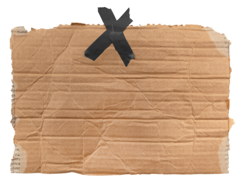 A torn piece of cardboard with tape on a white background. Box. Cardboard with free space for writing
