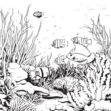 corel and fishes under water coloring page, ocean corel drawing book