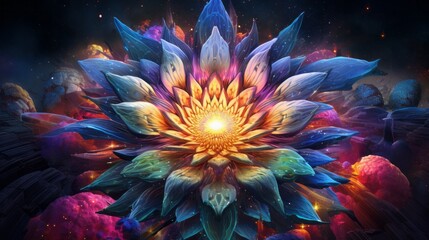Hypnotic fractal mandala pattern in colorful neon colors as background illustration - obrazy, fototapety, plakaty