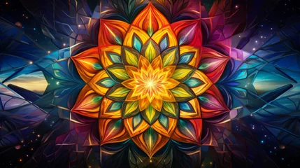 Rolgordijnen Hypnotic fractal mandala pattern in colorful neon colors as background illustration © NK