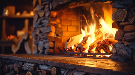 Fireplace and burning firewood. Traditional heating