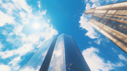  A view looking up at skyscrapers bright blue clouds low down perspective,  Created using generative AI tools.