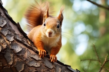 Obraz premium Small furry squirrel sitting on branch, bushy tail, isolated on green background.