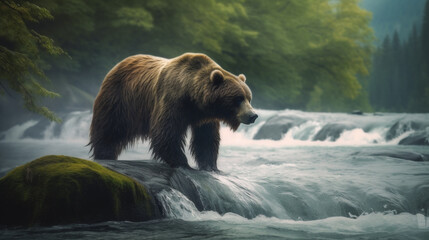 Brown bear hunting near river waterfall in forest, showcasing wildlife and nature.