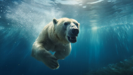 Magnificent polar bear gracefully swims in the underwater marine habitat.