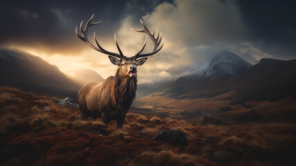 Majestic Scottish Stag in forest with mountains; serene nature scene with wildlife.