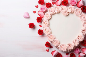 Obraz premium Cute birthday cake pink color with roses and hearts, Sweet cake for a surprise birthday, mother's Day, Valentine's Day