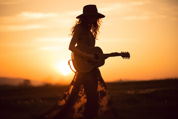 silhouette of a girl with a guitar on the background of a sunset in a field. young hippie woman in...