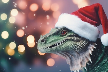 cute dragon in Santa Hat. lizard and iguana celebrate christmas. New Year 2024. bokeh and lights