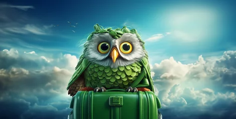 Foto op Canvas owl on sky a green owl like duolingo fly with baggage in sky HD wallpaper © Yasir