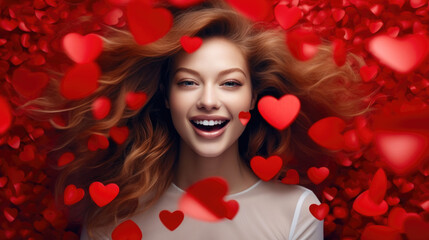 Smiling Fashion Model Adorned with Red Hearts
