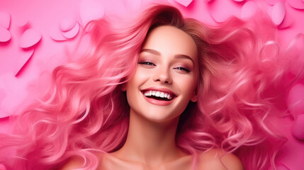 Pink-Haired Beauty Embracing Hearts with Laughter