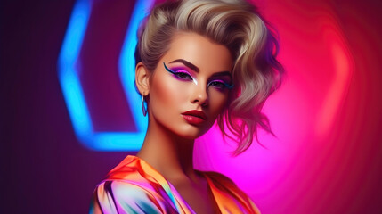 Obraz premium Smiling Elegance: 80s Glamour in Neon