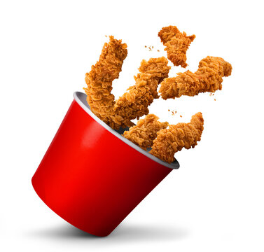 Fried Chicken hot crispy strips crunchy pieces of tenders in a Bucket - large Red box isolated in white background
