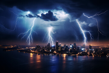 Naklejka na ściany i meble Electrifying bolts of lightning streak across the sky, illuminating the city below. The storm's raw power contrasts with the urban landscape, creating a mesmerizing spectacle