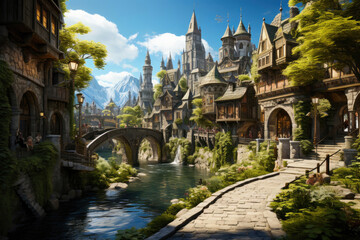 Fototapeta na wymiar Mystical Greens and Medieval Dreams: City of Magic