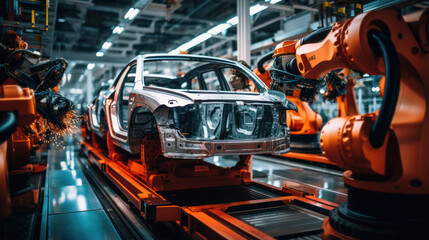Car bodies are on assembly line. Factory for production of cars. Modern automotive industry.