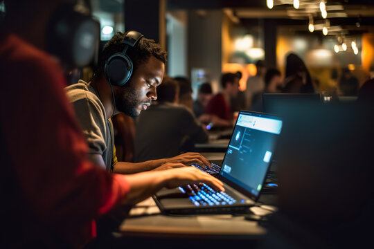 IT Developer using laptop to write code and working remote