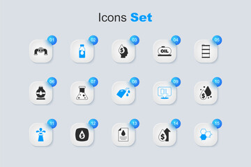 Set Oil price increase, petrol test tube, rig, Molecule oil, drop with dollar symbol, pipe valve and Canister for motor machine icon. Vector