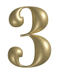 3d number 3 with realistic golden texture. Metal, inflate, luxury number three serif font, isolated on transparent background.