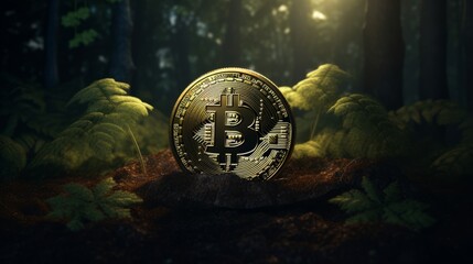 Obraz na płótnie Canvas A bitcoin in a natural setting of the forest